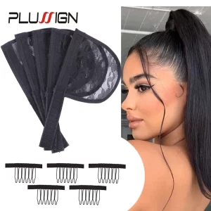 Plussign Ponytail Net 5Pcs Wig Making Cap Hair Net For Women And Hair Combs Black Color Wig Accessories Tools For Ponytail