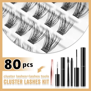 EASITENSION 80 Clusters Eyelash Extension Kit Black Glue Adhesive Coating Natural Individual Lashes Segmented Bundle Makeup Cils