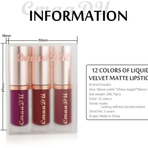 CmaaDu New 4 Color Velvet Matte Lipstick Lipcolor Set Waterproof Long-wear Liquid Lipstick Lip Gloss Daily Makeup Women Cosmetic